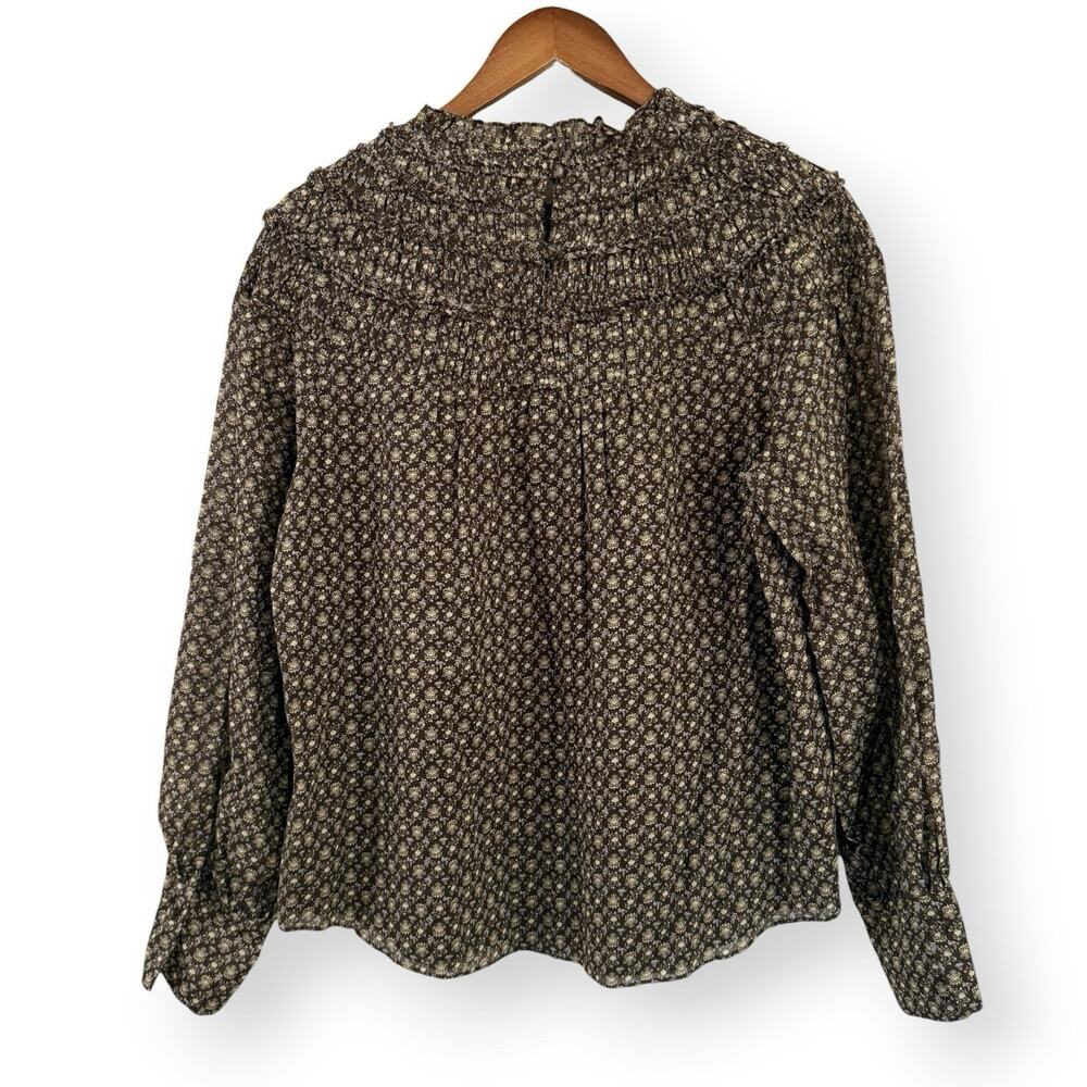 Rebecca Taylor Feather Fleur Smocked Mock Neck Floral Top 12 Brown Puff Sleeve - Picture 8 of 12